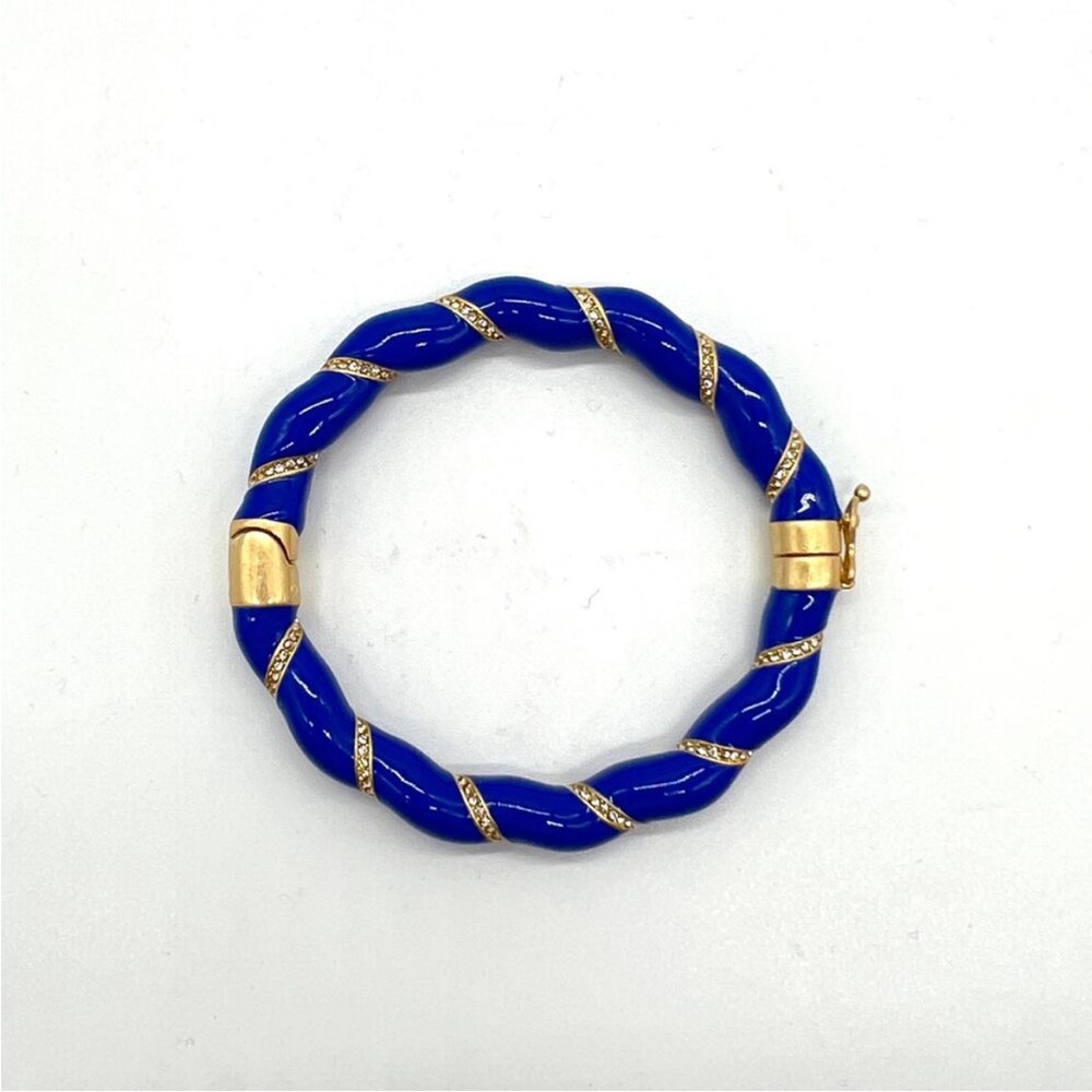 CLARE V Gold Plated and Enamel Rope Bangle Bracelet Blue Rhinestone Crystal NWOT